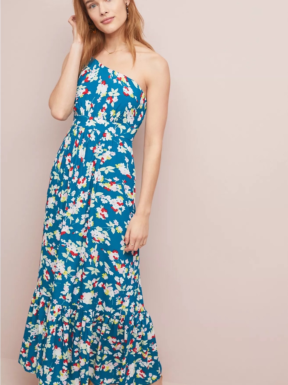 Anthropologie Bouquet One Shoulder Floral Maxi Dress Tiered Pockets Size 0